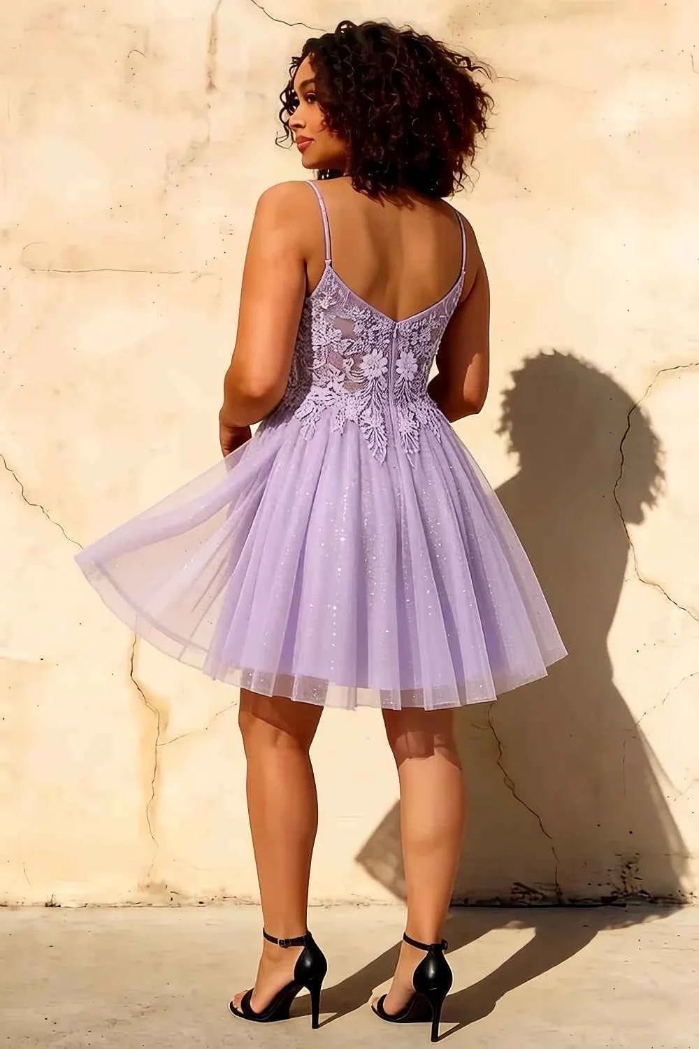 Francesca Purple V Neck Mini Dress | Glitter A-Line Tulle Gown