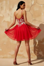 Francesca Red V Neck Mini Dress | Embroidered Tulle Party Gown