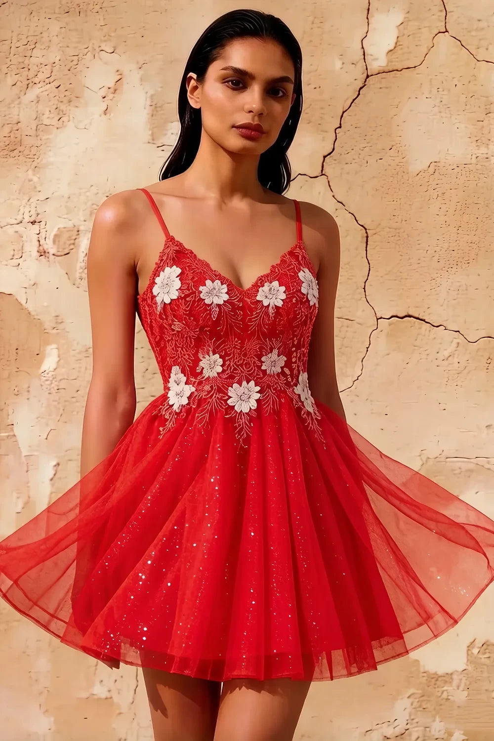 Francesca Red V Neck Mini Dress | Embroidered Tulle Party Gown