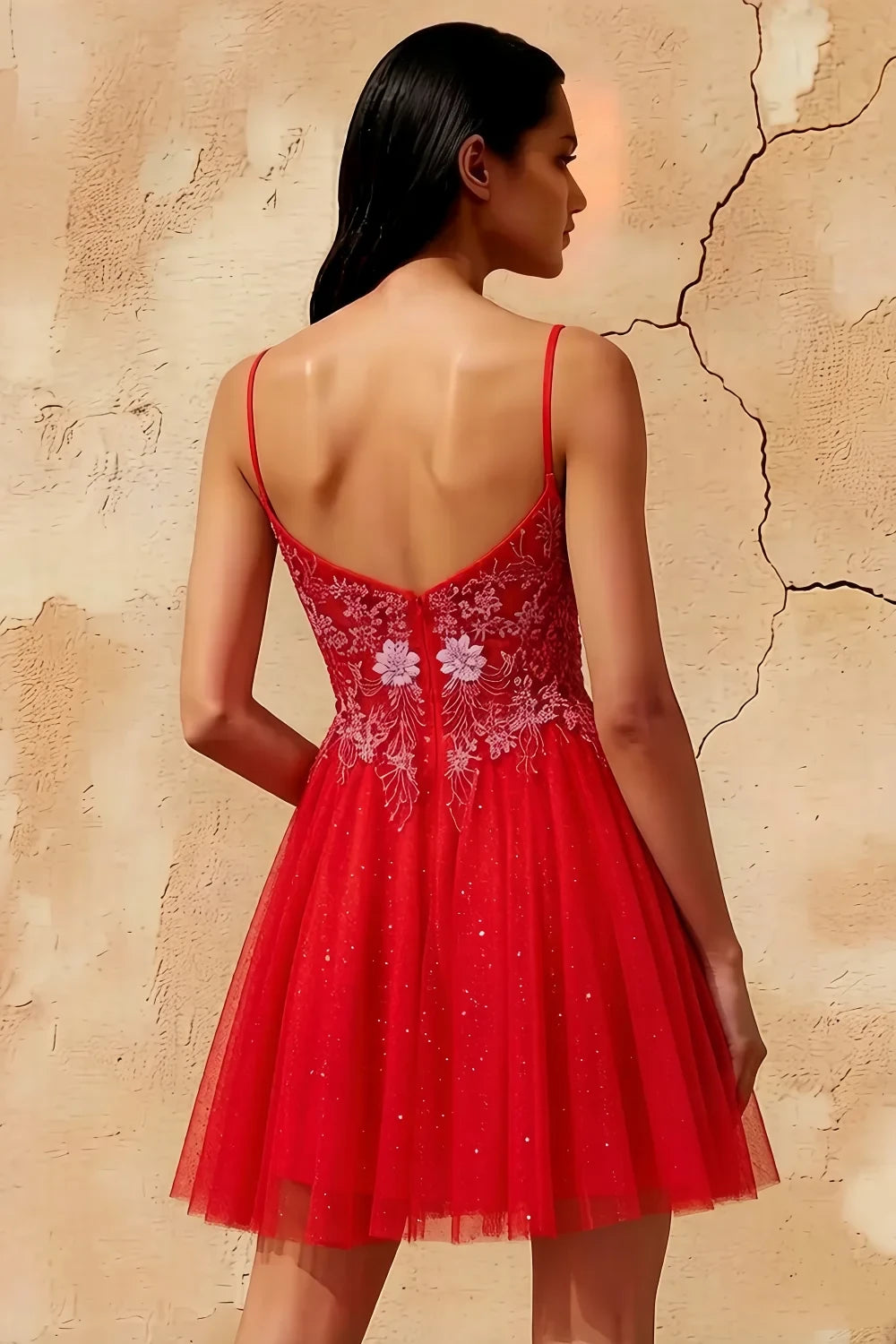 Francesca Red V Neck Mini Dress | Embroidered Tulle Party Gown