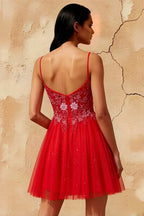 Francesca Red V Neck Mini Dress | Embroidered Tulle Party Gown