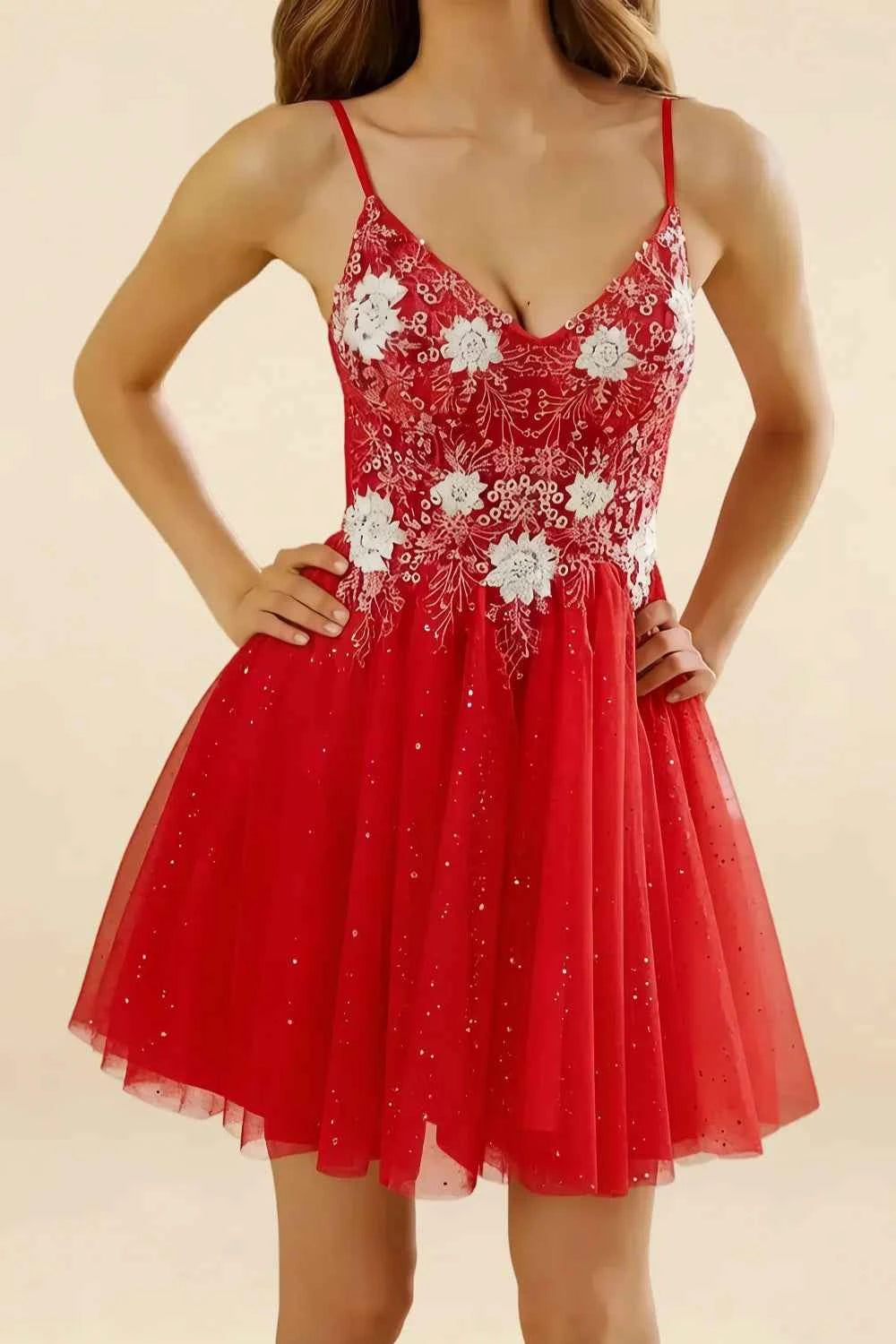 Francesca Red V Neck Mini Dress | Embroidered Tulle Party Gown