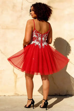 Francesca Red V Neck Mini Dress | Embroidered Tulle Party Gown