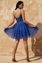 Francesca Royal Blue V Neck Mini Dress for Hoco & Party