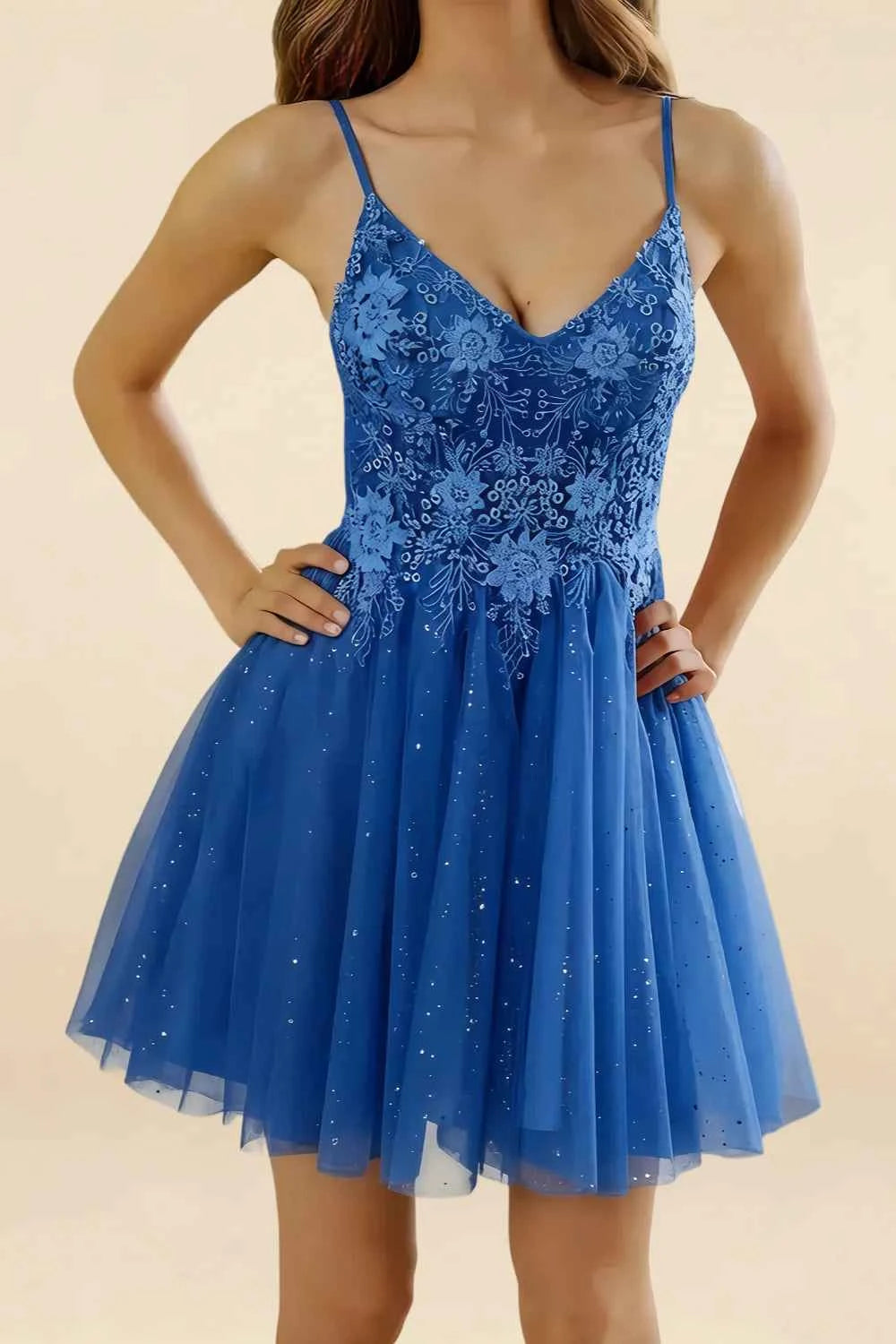 Francesca Royal Blue V Neck Mini Dress for Hoco & Party