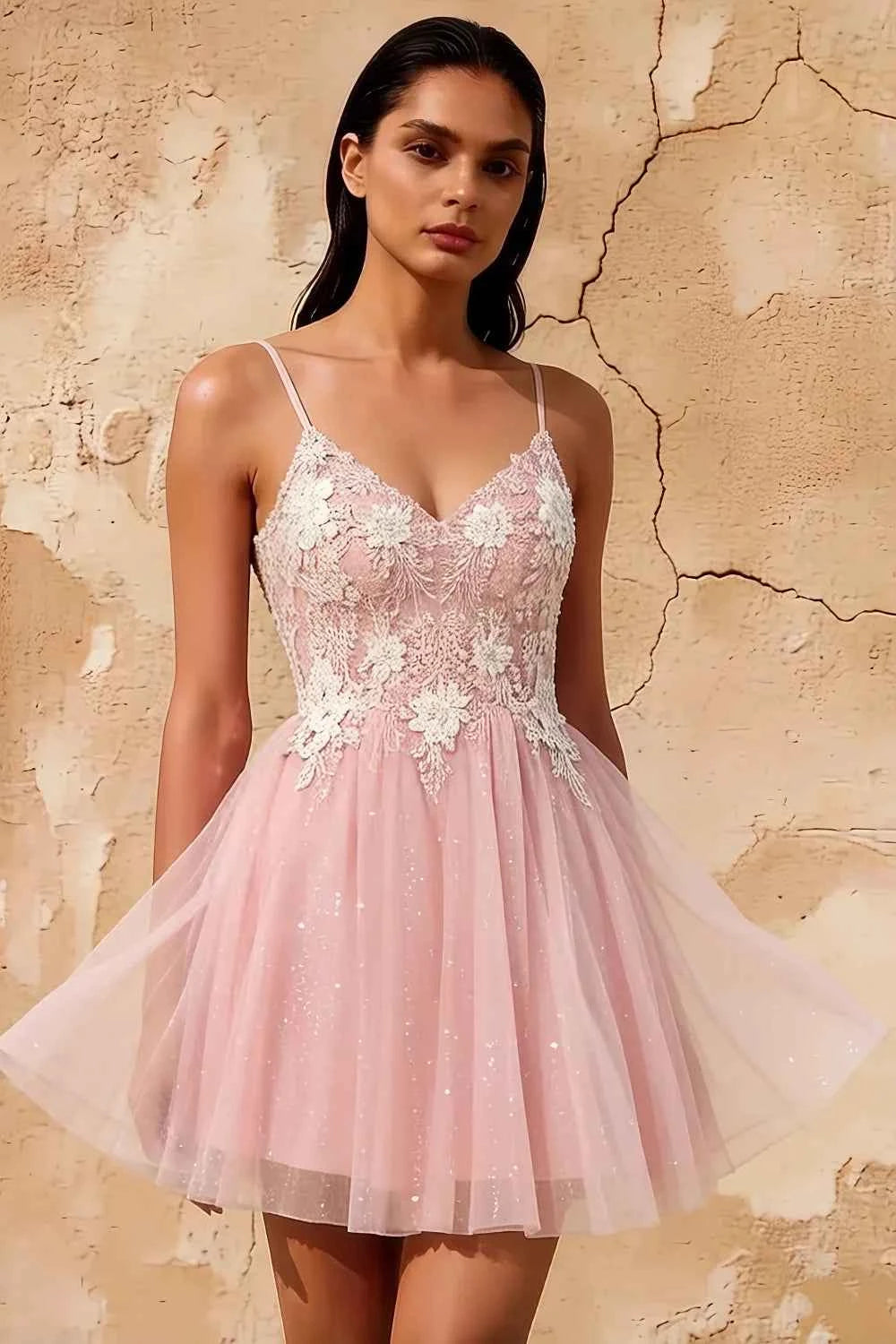Francesca Pink V Neck Mini Dress | Sequin Embroidered Party Gown