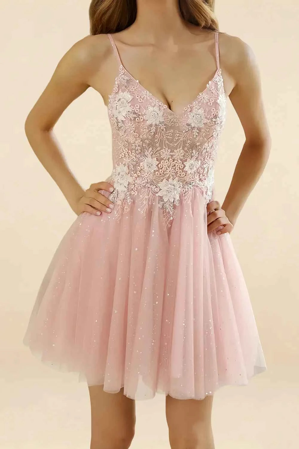 Francesca Pink V Neck Mini Dress | Sequin Embroidered Party Gown