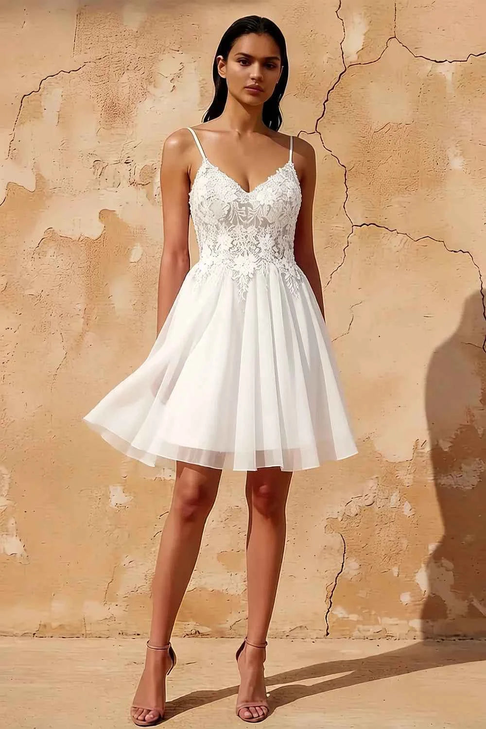 Francesca White V Neck Mini Dress | Sparkly Homecoming & Party Main image