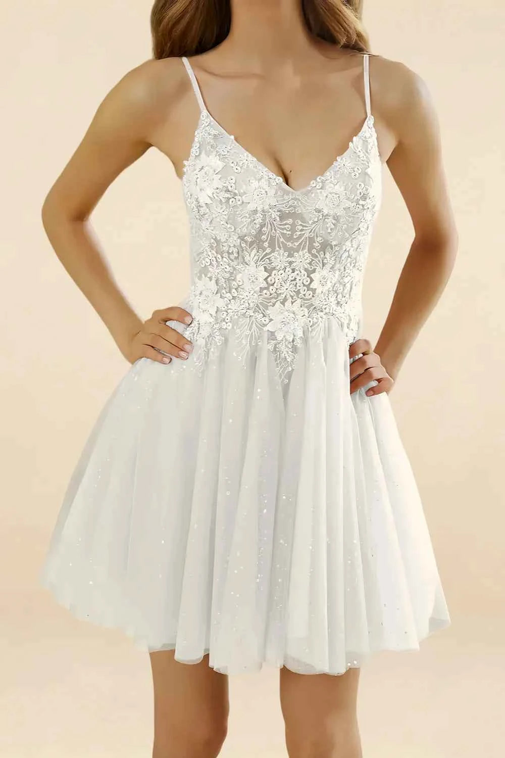 Francesca White V Neck Mini Dress | Sparkly Homecoming & Party