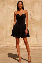 Frankie Black Sweetheart Neckline Mini Tiered Dress