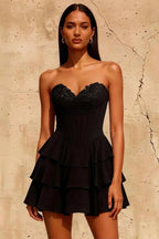 Frankie Black Sweetheart Neckline Mini Tiered Dress