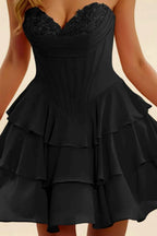 Frankie Black Sweetheart Neckline Mini Tiered Dress