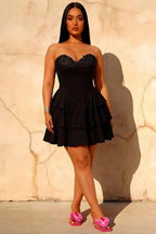 Frankie Black Sweetheart Neckline Mini Tiered Dress