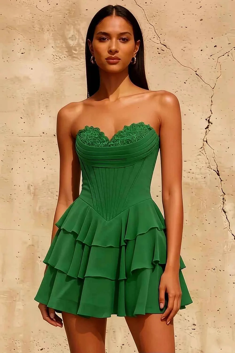 Frankie Green Sweetheart-neck Mini Dress | Lace Corset Tiered Hoco Dress
