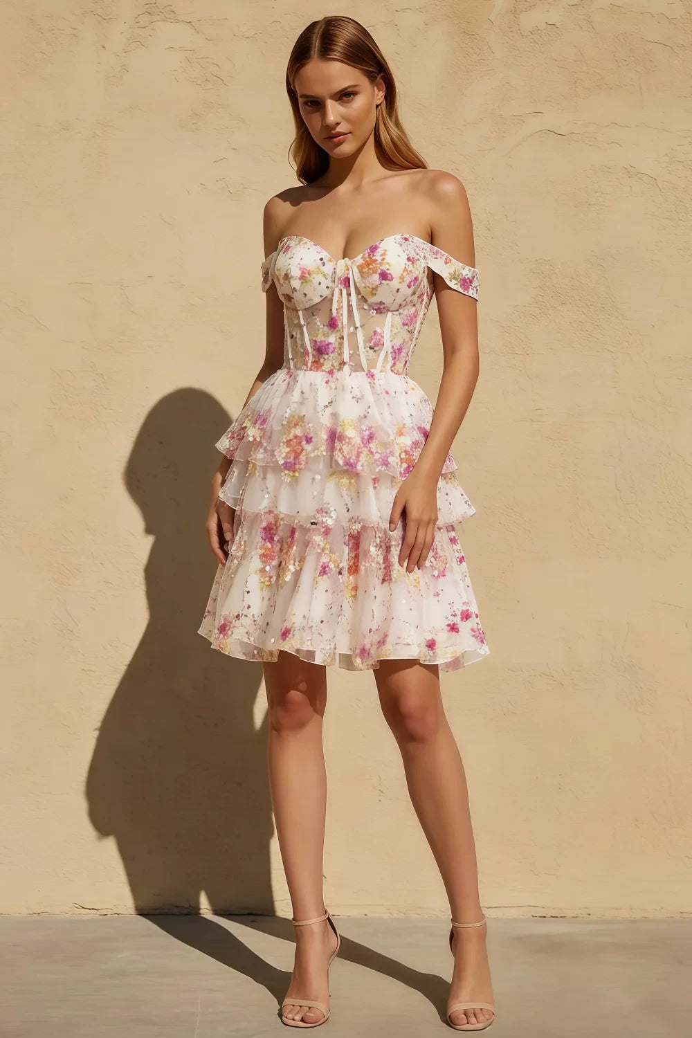 Freda White Floral Sequin Ruffle Mini Dress