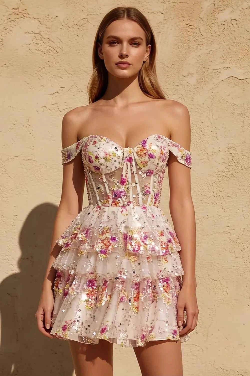 Freda White Floral Sequin Ruffle Mini Dress