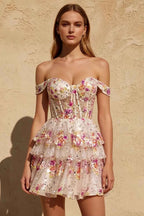 Freda White Floral Sequin Ruffle Mini Dress