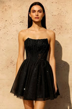Frieda Black Strapless Mini Dress | Sequin Tulle Party Gown