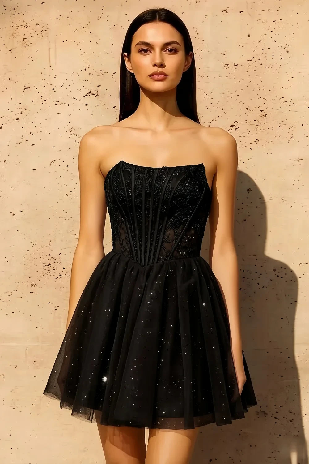 Frieda Black Strapless Mini Dress | Sequin Tulle Party Gown