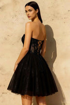 Frieda Black Strapless Mini Dress | Sequin Tulle Party Gown