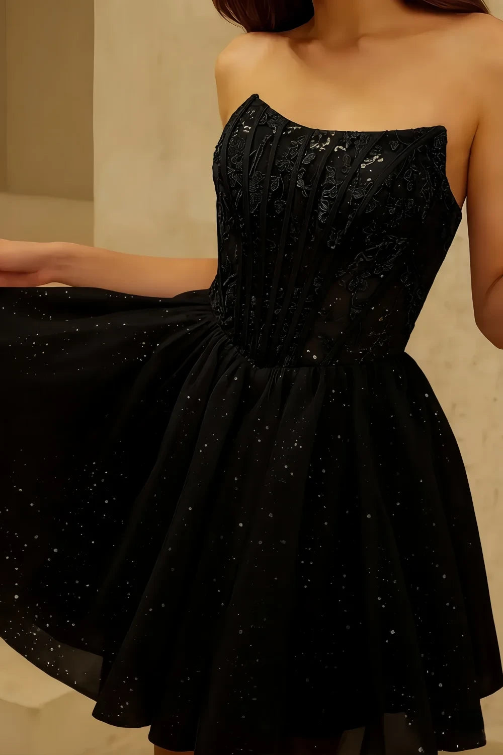 Frieda Black Strapless Mini Dress | Sequin Tulle Party Gown