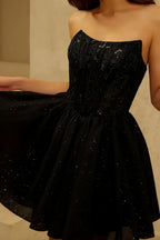 Frieda Black Strapless Mini Dress | Sequin Tulle Party Gown