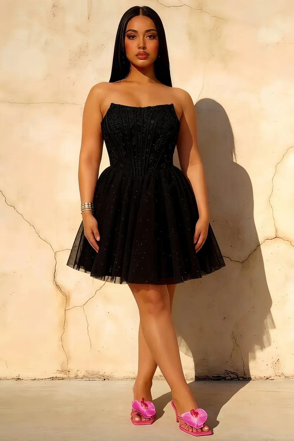 Frieda Black Strapless Mini Dress | Sequin Tulle Party Gown