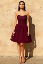 Frieda Burgundy Strapless Mini Dress | Sparkly Tulle Party Look