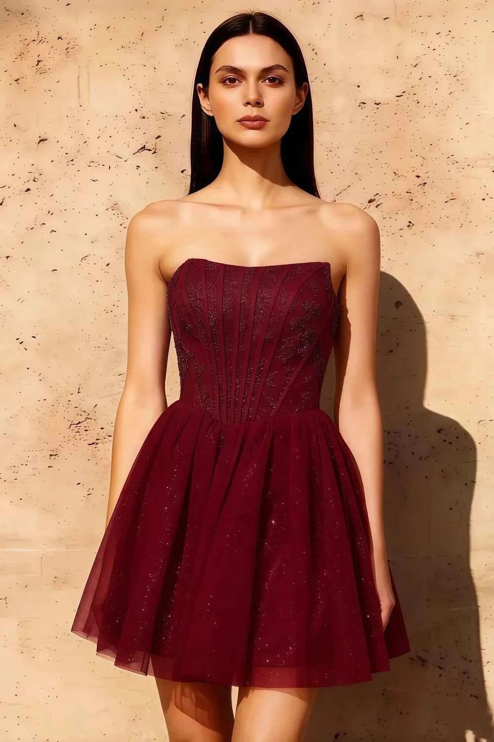 Frieda Burgundy Strapless Mini Dress | Sparkly Tulle Party Look