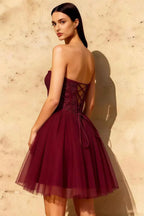 Frieda Burgundy Strapless Mini Dress | Sparkly Tulle Party Look