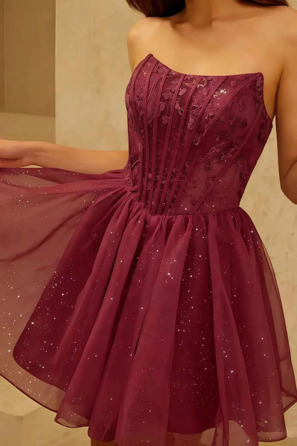 Frieda Burgundy Strapless Mini Dress | Sparkly Tulle Party Look