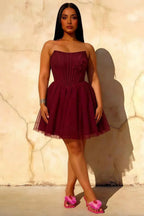 Frieda Burgundy Strapless Mini Dress | Sparkly Tulle Party Look