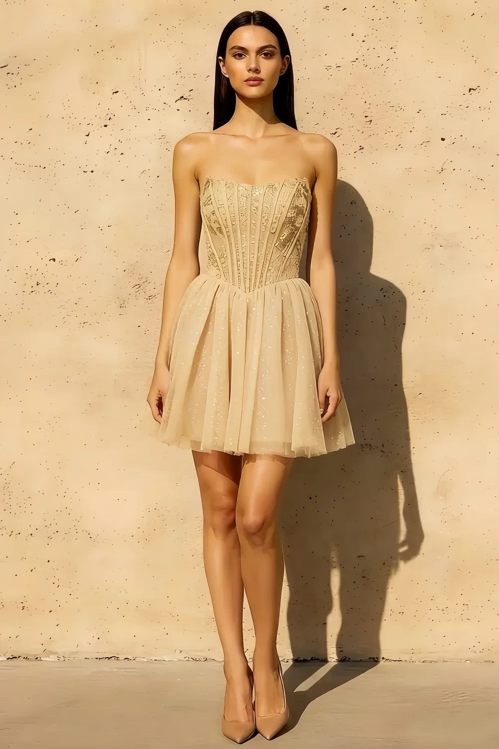 Frieda Champagne Strapless Mini Dress | Sequin Tulle Party Gown