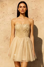 Frieda Champagne Strapless Mini Dress | Sequin Tulle Party Gown