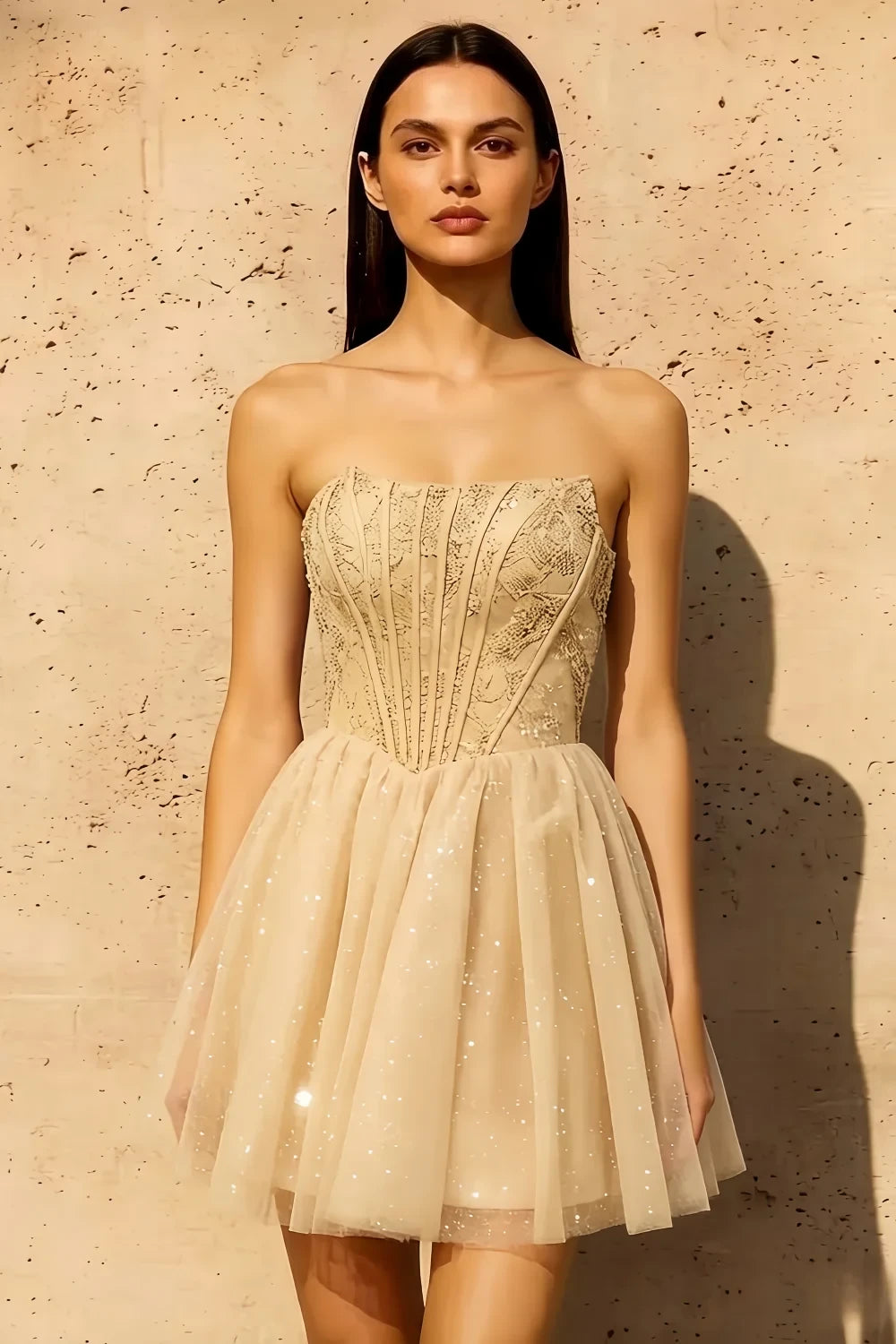 Frieda Champagne Strapless Mini Dress | Sequin Tulle Party Gown