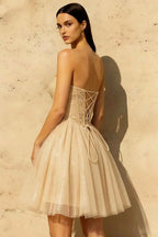 Frieda Champagne Strapless Mini Dress | Sequin Tulle Party Gown