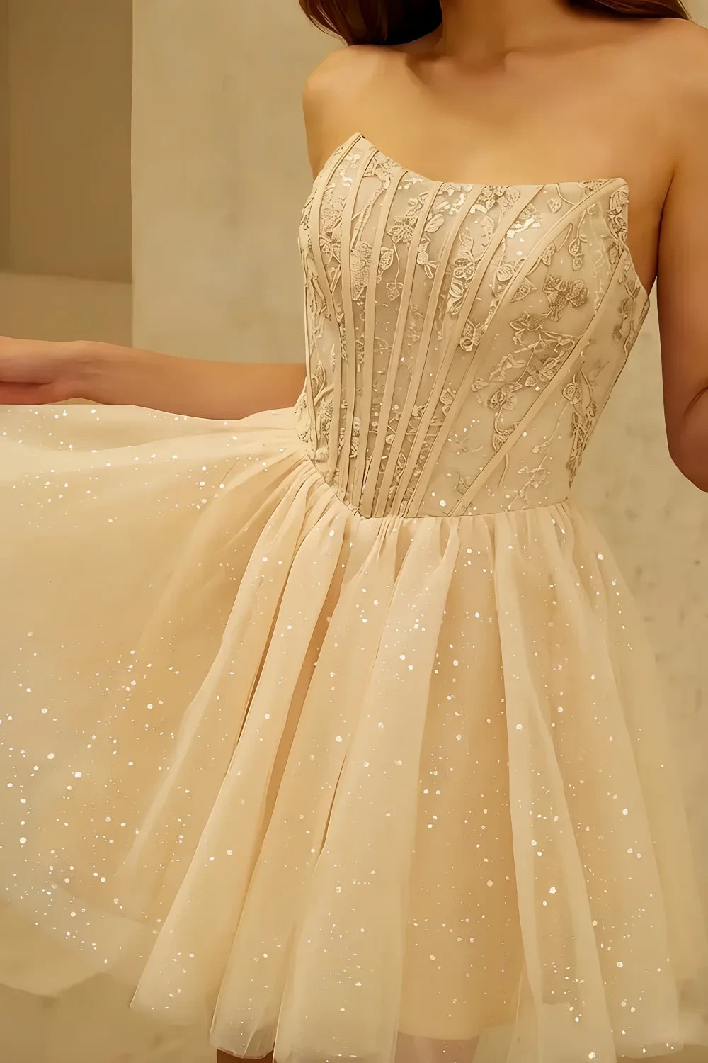 Frieda Champagne Strapless Mini Dress | Sequin Tulle Party Gown