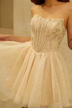 Frieda Champagne Strapless Mini Dress | Sequin Tulle Party Gown