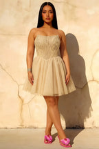 Frieda Champagne Strapless Mini Dress | Sequin Tulle Party Gown