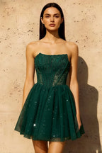 Frieda Emerald Green Strapless Mini Dress | A-Line Corset Party Wear