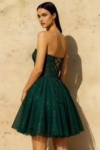 Frieda Emerald Green Strapless Mini Dress | A-Line Corset Party Wear