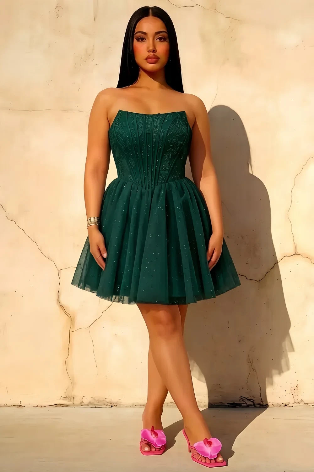Frieda Emerald Green Strapless Mini Dress | A-Line Corset Party Wear