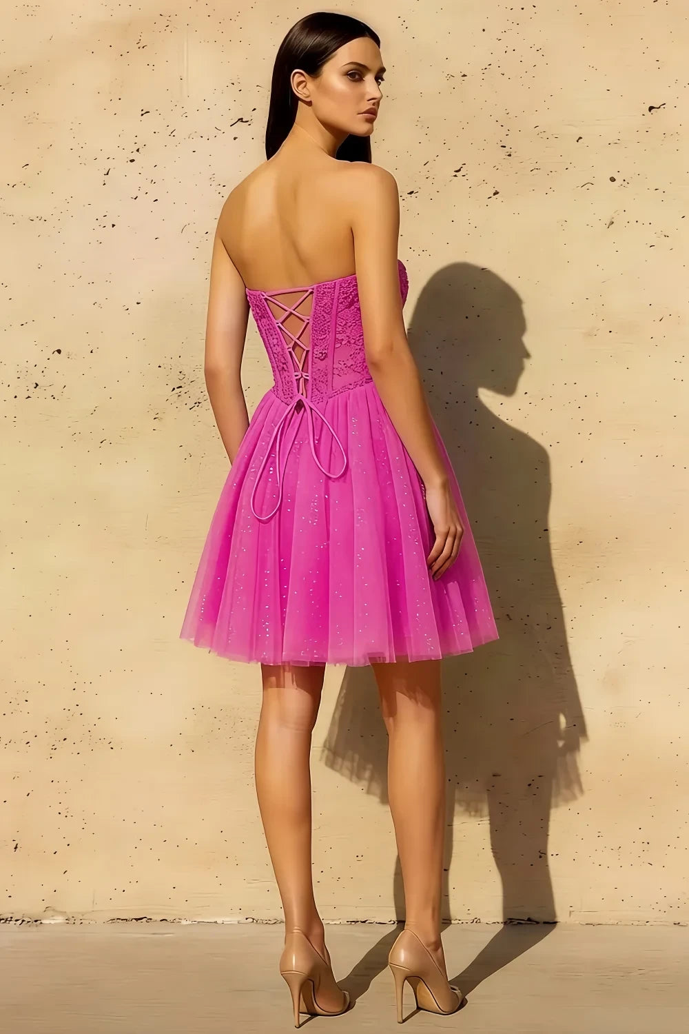 Frieda Fuchsia Strapless Mini Dress | Glitter Tulle Party Gown