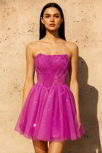 Frieda Fuchsia Strapless Mini Dress | Glitter Tulle Party Gown
