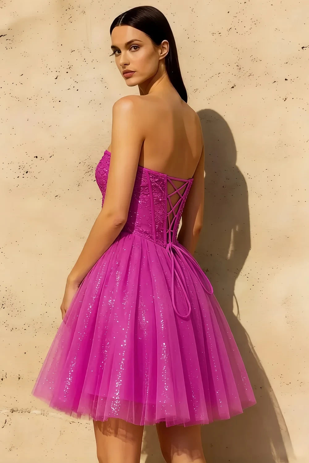 Frieda Fuchsia Strapless Mini Dress | Glitter Tulle Party Gown