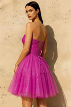 Frieda Fuchsia Strapless Mini Dress | Glitter Tulle Party Gown