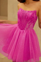 Frieda Fuchsia Strapless Mini Dress | Glitter Tulle Party Gown