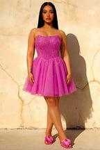 Frieda Fuchsia Strapless Mini Dress | Glitter Tulle Party Gown