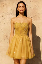 Frieda Gold Strapless Mini Dress | Sequin Tulle Party Gown