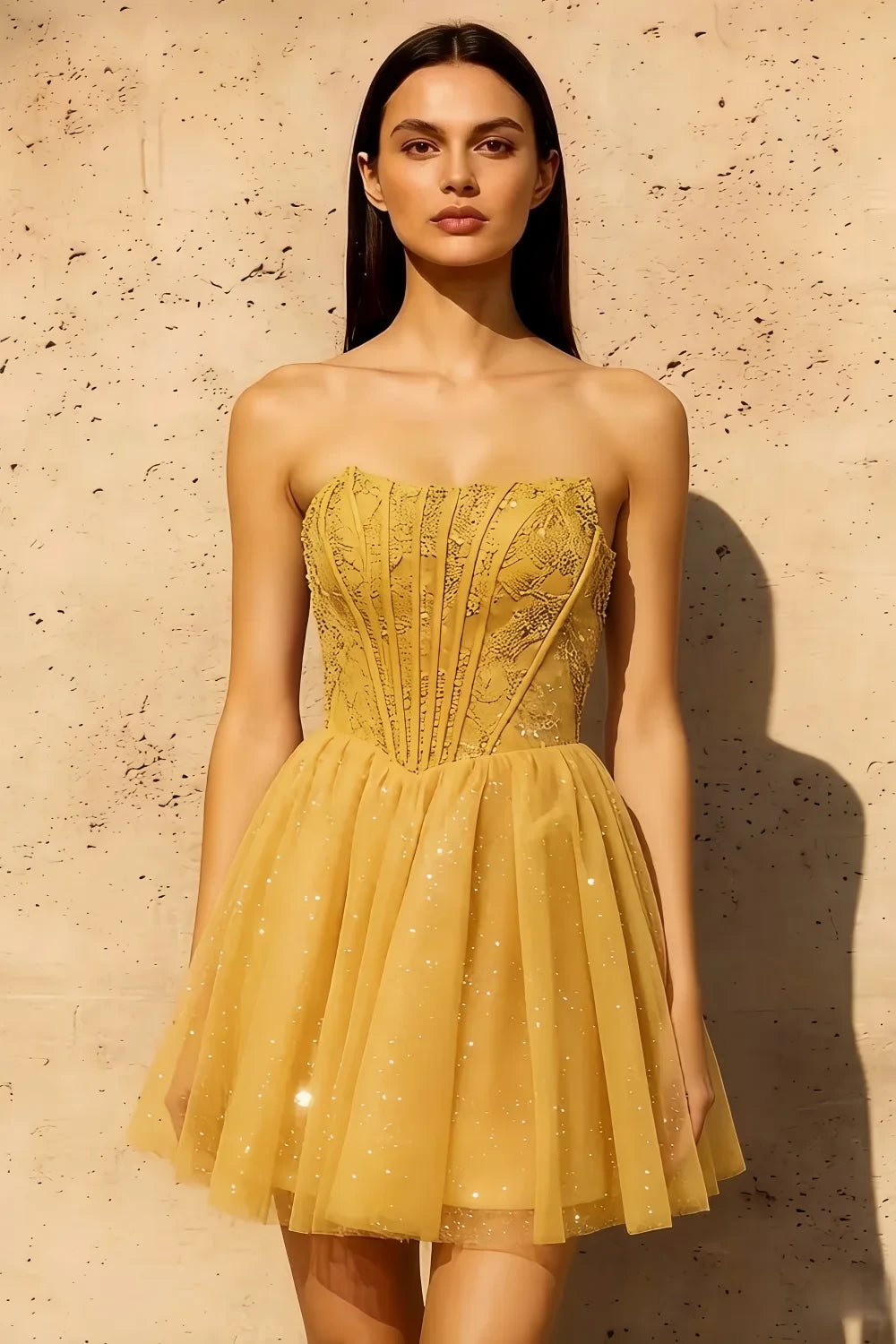 Frieda Gold Strapless Mini Dress | Sequin Tulle Party Gown